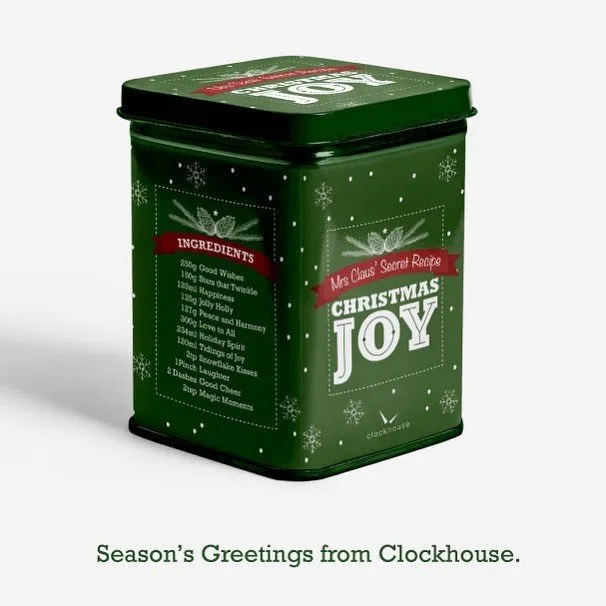Merry Christmas and a Happy New Year everybody! Here is a virtual tin of Christmas cheer from the team at Clockhouse.
.
.
.
Our tin of Christmas Joy was inspired by a packaging design concept we delivered in 2018.
.
.
.
.
.
#christmas #christmastime #joy #christmasjoy #mrsclaus #santa #holiday #family #together #packaging #packagingdesign #branding #implemement #designagency #recipe #theperfectrecipe #cook #chocolate #box #package #branddesign #virtual #ingredients #merrychristmas #colour #thankyou #2018 #newyear #2019 #christmasday